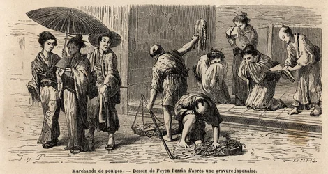 En resande bläckfiskhandlare erbjuder sina produkter till förbipasserande, på Edo Street (eller Yedo Street, nu Tokyo). Gravyr för att illustrera resan till Japan, 1863-1864, av Aime Humbert, minister för Schweiziska edsförbundet, i "Le tour du monde, nouv