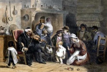 En valvaka: familj samlad kring en präst som spelar fiol. 1800-talet.