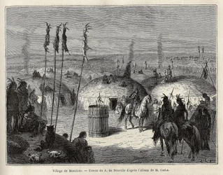 En by av Mandans indianer (eller nouma ka kie: fasaner) på vänstra stranden av Missouri, 600 ligor från staden Saint Louis. Gravyr för att illustrera en utflykt bland indianstammarna i Colombia och Upper Missouri, av G. Catlin, i 1