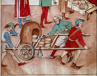 En vandrande bagare. Miniatyr från "Krönikor från Konciliet i Konstanz" av Ulrich Richental (1360-1437) 1438 ungefär Prag, nationalbibliotek