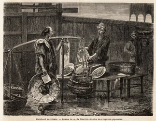 En gående friterihandlare, bär sina munkar på korgar och reser till marknaden för att sälja, till de andra köpmännen, lunch. Gravyr för att illustrera resan till Japan, 1863-1864, av Aime Humbert, minister för Schweiziska edsförbundet, i "Le tour du mond