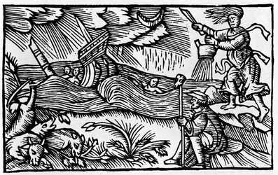 En häxa orsakar en storm efter "Historia de gentis nortentrionalibu" av Olaus Magnus, Rom 1555