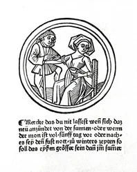 En kvinnas blödning. Xylografi i "Buch de Surgery" av Hyeronimus Braunschweig. Strasbourg 1497