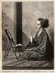 En ung flicka från Yedo (eller Edo, dagens Tokyo), som målar sina läppar framför sin spegel, har sina mått lacklådan som innehåller hennes förnödenheter: kammar, penslar och hårnålar, tandpulver, rispulver och andra kosmetika. Gravyr för att illustrera