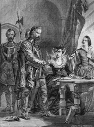 Abdikation av Mary I Stuart (1542-1587), drottning av Skottland och Frankrike (1559-1560). Gravyr från 1861.