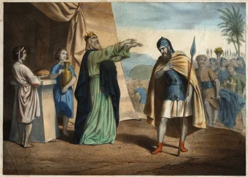 Abraham segrare av de fyra klipporna fick välsignelsen av Melkisedeks (Melchisedek eller Melkisedek eller Melkisedeq eller Melki-Tsedeq eller Melki Tsedeq), kungen av Salem. Anonym gravyr från mitten av 1800-talet.