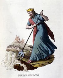 Enligt grekisk mytologi orsakas jordbävningar av Neptunus, som skakar jorden med sin treudd. Gravyr från 1800-talet.