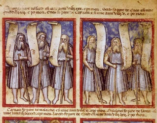 Adams släktforskning följs av Seth, Enoch (Henoch eller Enosh) Kenan, Mahalalel (Mahalaleel) och Jared (eller Yared), de stora patriarkerna i miniatyrbibeln hämtade från codex 212 (eller padovano eller Bible of Padua) 1390-1400 Rovigo, Accademia dei Concor