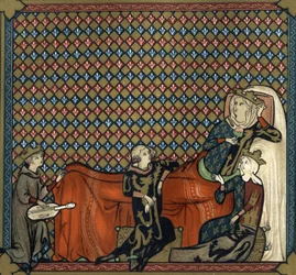 Adenet le Roi (cirka 1240- cirka 1300), poet och menestrel, reciterar Cleomades roman, före Mathilde de Brabant (1224-1288) och prinsessan Blanche av Kastilien (dotter till Saint Louis). Faksimil i kromolitografi av 1800-talet efter en miniatyr