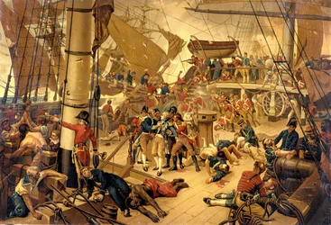 Amiral Nelson sårar allvarligt på Victory Bridge under slaget vid Trafalgar den 21/10/1805.