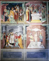 Tillbedjan av männen, omskärelse, hån, gissling, Kristi liv (1400-talet), fresker, kapellet St Sebastian, Villard-de-Lans, Rhone-Alpes, Frankrike.
