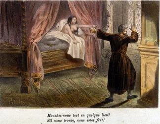 Äktenskapsbrott: en överraskad munk som försöker gömma sig och en naken kvinna i sängen. Litografi, odaterad, tidigt 1800-tal.