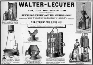 Reklam från 1889 för mobila armaturer för bad, vattenduschar, torr eller våt ånga, bidé, märke Walter-Lecuyer (Walter Lecuyer).