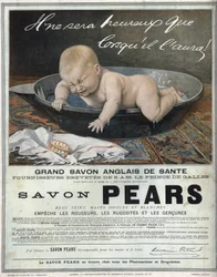Reklam från 1889 för den engelska tvålen "" Pears"" fantastisk engelsk hälsosåpa. En baby i sitt bad gör ett infall (gråter) och försöker fånga tvålen.