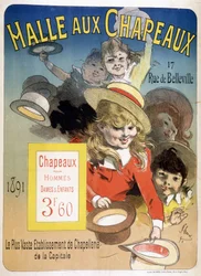 Reklamaffisch för "Halle aux hats", rue de Belleville i Paris