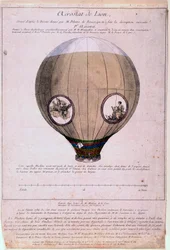 Aerostat de Lyon byggd efter en modell av bröderna Montgolfiere (Joseph och Etienne), ca 1783. Gravyr från 1800-talet. Paris, B.N.