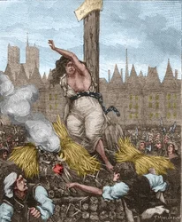 Affaire des Poisons: Catherine Deshayes, hustru Monvoisin och smeknamnet La Voisin (1640-1680) sattes på slaktaren, sittande och bunden med järn; hon svor och stötte bort halmen - i "Paris a travers les siecles"" av Kenouillac