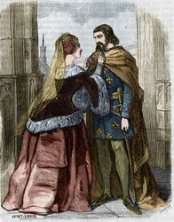 Agnes Sorel (1422-1450) (Damen av Beaute sur Marne) (Beaute-sur-Marne) och kungen av Frankrike Karl VII i klostret Jumieges. Gravyr av 1800-talet.