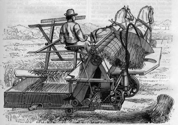 Jordbruk och jordbruksmaskiner: en ny skördare som dras av hästar som automatiskt binder kärvarna av bles på fälten. Gravyr i "" La Nature""