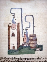 Alkemi: Apparat för destillation, hämtad från en bok av Pietro Andrea Mattioli (Matthiole) (1500-1577). Frankfurt