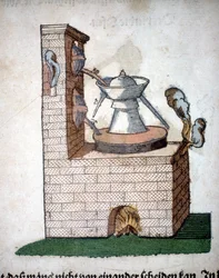 Alkemi: apparat för destillation, hämtad från en bok av Pietro Andrea Mattioli (Matthiole) (1500-1577). Frankfurt