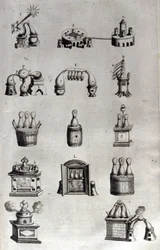 Alkemi: tavla som representerar olika modeller av destillationsapparater och destillationsapparater. Athanase Kircher (eller Athanasius Kircheri 1602-1680), tysk jesvit. 1600-talsgravyr.