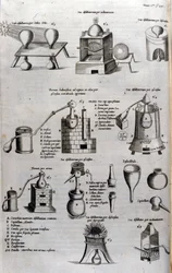 Alkemi: tavla som representerar olika modeller av destillationsapparater och destillationsapparater. Athanase Kircher (eller Athanasius Kircheri 1602-1680), tysk jesvit. 1600-talsgravyr.