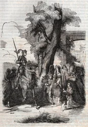Alcina och hennes hov kommer för att hälsa på Ruggiero - gravyr från 1851 från dikten Orlando furioso (1516) av Ludovico Ariosto, - Upplaga översatt från italienska av greven av Tressan och utgiven av Gustave Harvard 1851