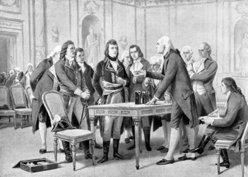 Alessandro (Alexandre) Volta förklarar för Napoleon Bonaparte principen för sitt elektriska batteri - i "The Universe and Humanity" av Kraemer