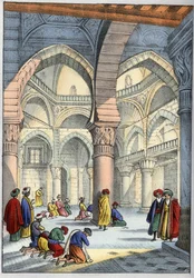 Alger, Algeriet. Moskéinteriör” ”Ancient and modern Algeriet”” av Léon Galibert. Italiensk upplaga i 1846 färg.