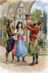 Ali Baba. (Ali-Baba) (Berättelser om de tusen och en natt): för att belöna Morgiana, ger Alibaba henne i äktenskap med sin Son. Kromolitografi av 1800-talet