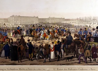 Allierade gick in i Paris den 31 mars 1814 (Ryssland Alexander I, den österrikiske kejsaren Frans Josef I och den preussiske kungen Fredrik Vilhelm III.) 1800-talsgravyr