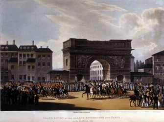 Allierade gick in i Paris den 31 mars 1814 (Ryssland Alexander I, den österrikiske kejsaren Francois I och den preussiske kungen Fredrik William III.) gravyr från 1826