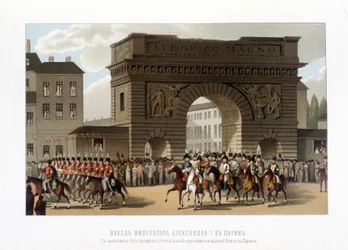 Allierade gick in i Paris den 31 mars 1814 (Ryssland Alexander I, den österrikiske kejsaren Francois I och den preussiske kungen Fredrik Vilhelm III.) gravyr från 1826.