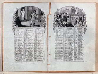 Årets almanackskalender 1837 dekorerade scener av operan La sonnambula, av Vincenzo Bellini