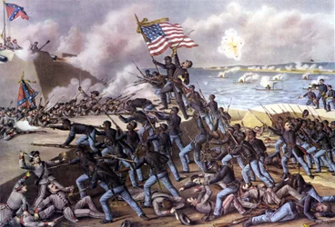 Amerikanska inbördeskriget (1861 - 1865): angrepp på Fort Wagner på Jekyll Island utanför Georgia av 2000 svarta frivilliga i juli 1863. Gravyr från 1800-talet.