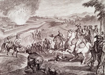 Amerikanska revolutionskriget: Belägring av Pensacola och den spanska arméns seger (gravyr från 1800-talet)