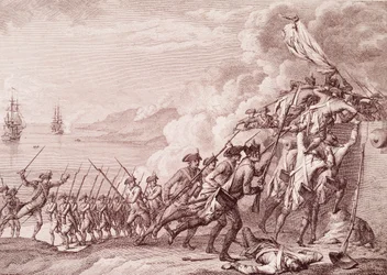 Amerikanska revolutionskriget: Den franska arméns invasion av Dominica den 7 september 1778 (gravyr