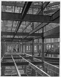 Amerikanska ramkonstruktioner av järn - ramen till Palace Hotel i Denver Colorado - gravyr i "Nature" från 1892.