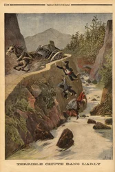 En olycka med en tank på en bänk i Savoie, fordonet välter och passagerarna fälls ut i Arly. Gravyr i "" Le petit journal"" 1896-08-02. Selvas samling.