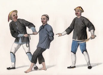 En åtalad förs till fängelse, knuten med en kedja runt halsen. Gravyr, i "The Punishments of the Chinese", London
