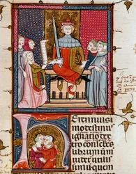 En äktenskapsbrott kvinna som framträder inför en miniatyrdomare från "Justiniani in Fortiatum"" Fol. 39 1300-talets kungliga bibliotek i Escorial-klostret (Escorial), Spanien