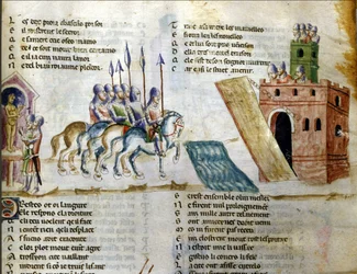 En armé närmar sig ett slott. Miniatyr ur "Roman de Troie" av Benoît de Sainte-Maure. 1300-talet, Biblioteca Marciana, Venedig.