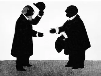 Ett tänkt möte mellan Eduard Hanslick (1825 - 1904), österrikisk musikolog, och kompositören Anton Bruckner (1824 - 1896). Kinesiskt skuggspel.