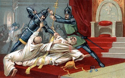 Anagni bombning. Hjälpsam hjälp av Vilhelm av Nogaret, skickad av kungen av Frankrike Filip IV Bel; den 8 september 1303 stoppade han påven Bonifatius VIII i Anagni (Benedetto Caetani dit Bonifacio VIII