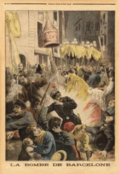 Anarkistisk attack i Barcelona, bombexplosion i processionen som lämnar kyrkan Santa Maria, street nuevos cambios. Gravyr i "" Le petit journal"" 1896-06-21. Selvas samling.