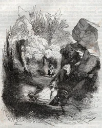 Angelique (Angelica) flyr den gamla eremiten - gravyr från 1851 från "" Furious Roland"" (Orlando furioso) (1500-talet) av Ludovico Ariosto, känd som Ariosta - Upplaga översatt från italienska av greven av Tressan och publicerad av Gustave Harvard 1