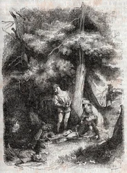Angelique (Angelica) räddar Medor (Medoro) wesse - gravyr från 1851 från "" Furious Roland"" (Orlando furioso) (1500-talet) av Ludovico Ariosto, känd som Ariosta - Upplaga översatt från italienska av greven av Tressan och publicerad av Gustave Harv