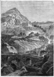 Årlig pilgrimsfärd den 21 mars vid St. Benedictus kloster på berget Cavo (Colli Albani) nära Rom - Gravyr från 1868