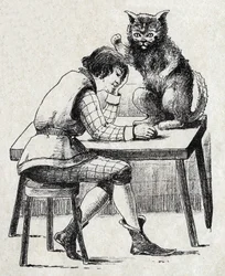 Anonym illustration för "" Le chat Botte", berättelse av Charles Perrault (1628-1703), fransk författare. Bildmaterial Marcel Vagne, Jarville Nancy, odaterat (slutet av 1800-talet).